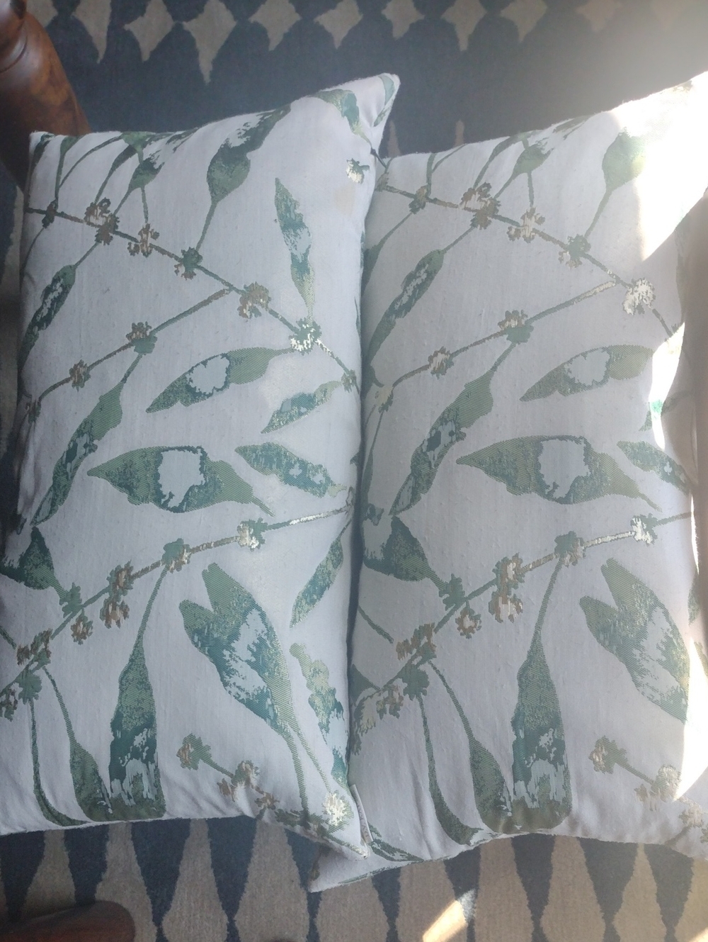Set Of 2 D.V. Kap Cream Green Gold Leaves Feather/Down Insert Lumbar Pillows - Picture 2 of 7
